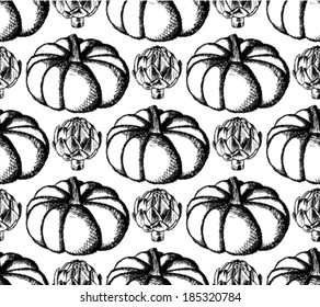 Sketch pumpkin and artichoke, vector seamless pattern 