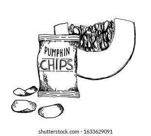Sketch pumpkin chips. Organic chips. Vector set vegetarian food. Vegetarian chips. Healthy eating The trend of our time.