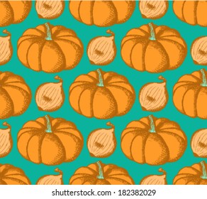 Sketch pumpkin and onion, vector seamless pattern 