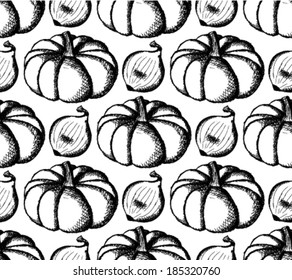 Sketch pumpkin and onion, vector seamless pattern 
