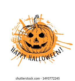 Sketch pumpkin, orange paint splashes. Happy halloween print