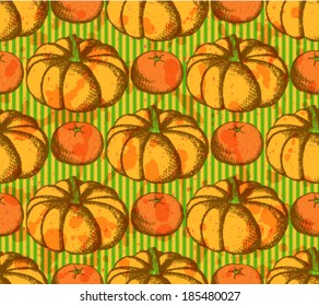 Sketch pumpkin and tangerine, vector seamless pattern