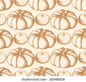 Sketch pumpkin and tangerine, vector seamless pattern