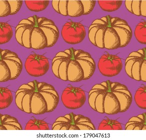 Sketch pumpkin and tomato, vector seamless pattern 