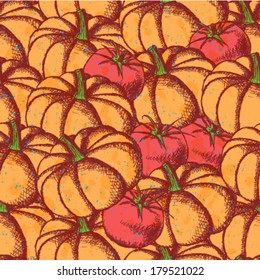 Sketch pumpkin and tomato, vector seamless pattern 
