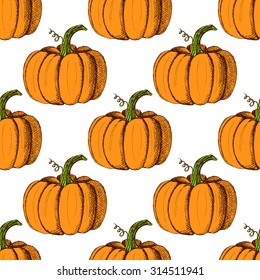 Sketch pumpkin in vintage style, vector seamless pattern