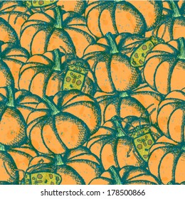 Sketch pumpkins and bugs, Halloween vector seamless pattern 