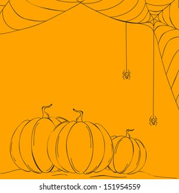Sketch of pumpkins and spider web on abstract yellow background, can be use as flyer, banner or poster for night parties. 