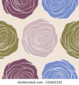 Sketch with purple, blue and neutral flowers. Hand drawn. Seamless rose pattern.