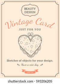 Sketch purse and text. Vintage design for card or invitation. Vector template.
