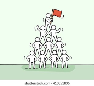 Sketch of pyramid with working little people. Doodle cute miniature teamwork and partnership. Hand drawn cartoon vector illustration for business design and infographic.