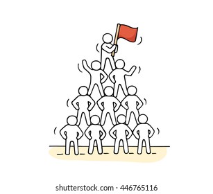 Sketch Of Pyramid With Working Little People. Doodle Cute Miniature Teamwork And Partnership. Hand Drawn Cartoon Vector Illustration For Business Design And Infographic.