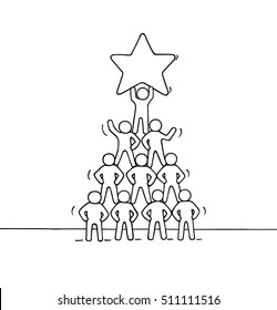 Sketch Of Pyramid With Working Little People. Doodle Cute Miniature Teamwork And Partnership. Hand Drawn Cartoon Vector Illustration For Business Design And Infographic.