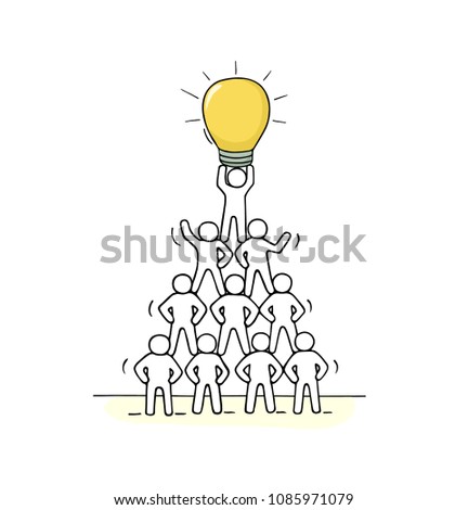 Sketch of pyramid with working little people. Doodle vector about creativity. Hand drawn cartoon vector illustration for business design and infographic.