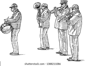 Sketch of a quartet of street musicians