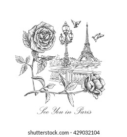 sketch of a quay Seine, the Eiffel Tower, street lights, soaring doves, roses and inscription - See you in Paris