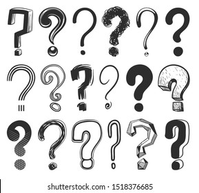 Sketch question marks. Hand drawn color interrogation signs, scribble ask question symbols. Doodle isolated vector light point trouble interrogator asking set svg