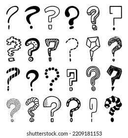 Sketch question marks. Why signs, questions doodle mark set. Interrogative hand drawn point, doubt symbols. Think or problems neoteric vector set