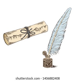 A sketch of a quill pen and inkwell. A scroll of old paper in vintage style. Vector illustration