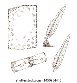 A sketch of a quill pen and inkwell. A scroll of old paper in vintage style. Vector illustration. Hand drawn design elements