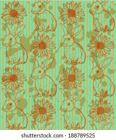 Sketch rabbit and chamomile, vector vintage seamless pattern