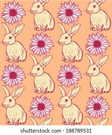 Sketch rabbit and chamomile, vector vintage seamless pattern