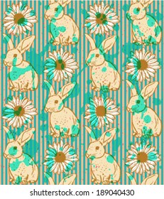 Sketch rabbit and chamomile, vector vintage seamless pattern