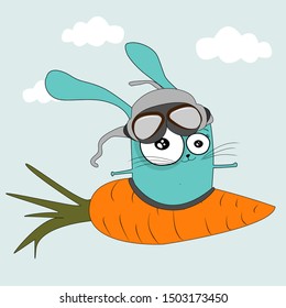 sketch of a rabbit drawn in vector pilot flying on carrot like a plane in the sky against the background of clouds in summer