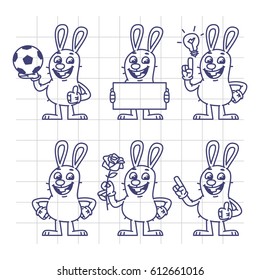 Sketch Rabbit Holds Soccer Ball Empty Nameplate Flower Set Characters. Vector Illustration. Mascot Character.