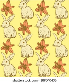 Sketch rabbit and lily, vector vintage seamless pattern