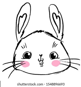 Sketch rabbit with pink cheeks isolated on a white background. Cartoon character. Childish Illustration print. Vector stock. 