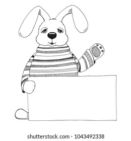Sketch of a rabbit with a poster. Vector. Happy easter.