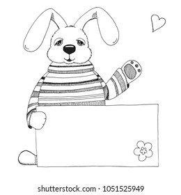 Sketch of a rabbit with a poster. Vector. Happy easter.
