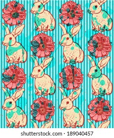 Sketch rabbit and zinnia, vector vintage seamless pattern
