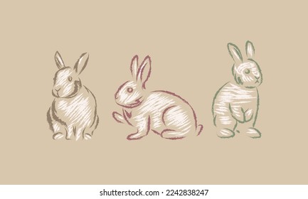 sketch of a rabbits in vintage colors.  2023 Year of the Rabbit with a vintage feel