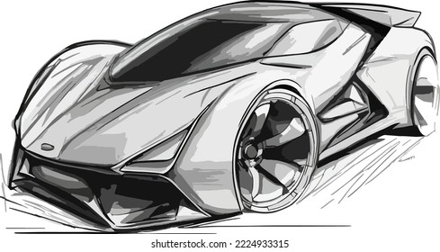 Sketch of a Racing car concept. car concept sketch with dynamics lines. Design sporty exterior car is drawing with pencil. sketched with lights lines and luxurious curves