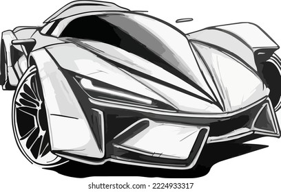 Sketch Of A Racing Car Concept. Car Concept Sketch With Dynamics Lines. Design Sporty Exterior Car Is Drawing With Pencil. Sketched With Lights Lines And Luxurious Curves