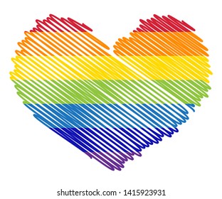 sketch of rainbow colored heart with paint splashes on background.