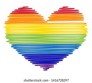 sketch of rainbow colored heart with paint splashes on background.