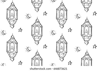 Sketch of Ramadan Lantern Seamless Pattern White Background