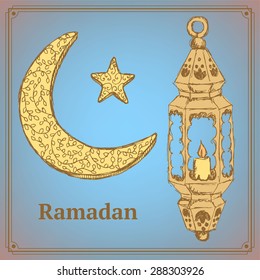 Sketch Ramadan symbol in vintage style, vector