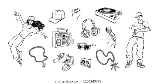 Sketch rap, hip hop music symbols black silhouette icon set. Dancing girl, raper man dj vintage vinyl turnable, sunglasses, headphones with hand holding microphone and chain with dollar. Vector