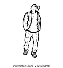 Sketch Rapper Man guy boy wear jacket and hoodie light White Background vector modern illustration