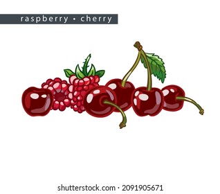 sketch raspberry and cherry: seven berries 
on a white background, isolated vector drawing