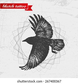 Sketch of a raven. Can be used to tattoo the logo.