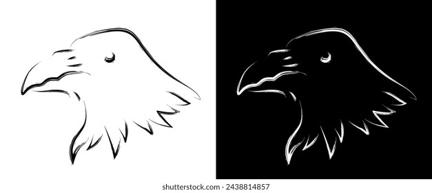 Sketch of a raven's head. Isolated hand drawn graphic element, cute simple bird, raven or crow for design brand sign, logo, icon, other. Black and white vector illustration.