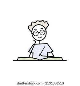 sketch reading boy in the school vector doodle illustration