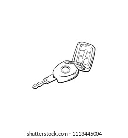 Sketch of realistic car key, vector line art illustration isolated on white background, can be used for some logotype or coloring book