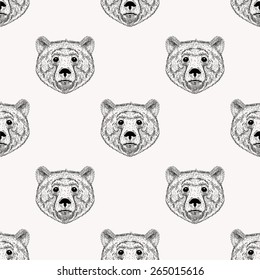 Sketch realistic face Bear seamless pattern. Hand drawn vector  illustration in Doodle style. Engraving sketch for tattoos.