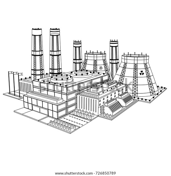 Sketch Realistic Nuclear Power Plant Isolated Stock Vector (Royalty